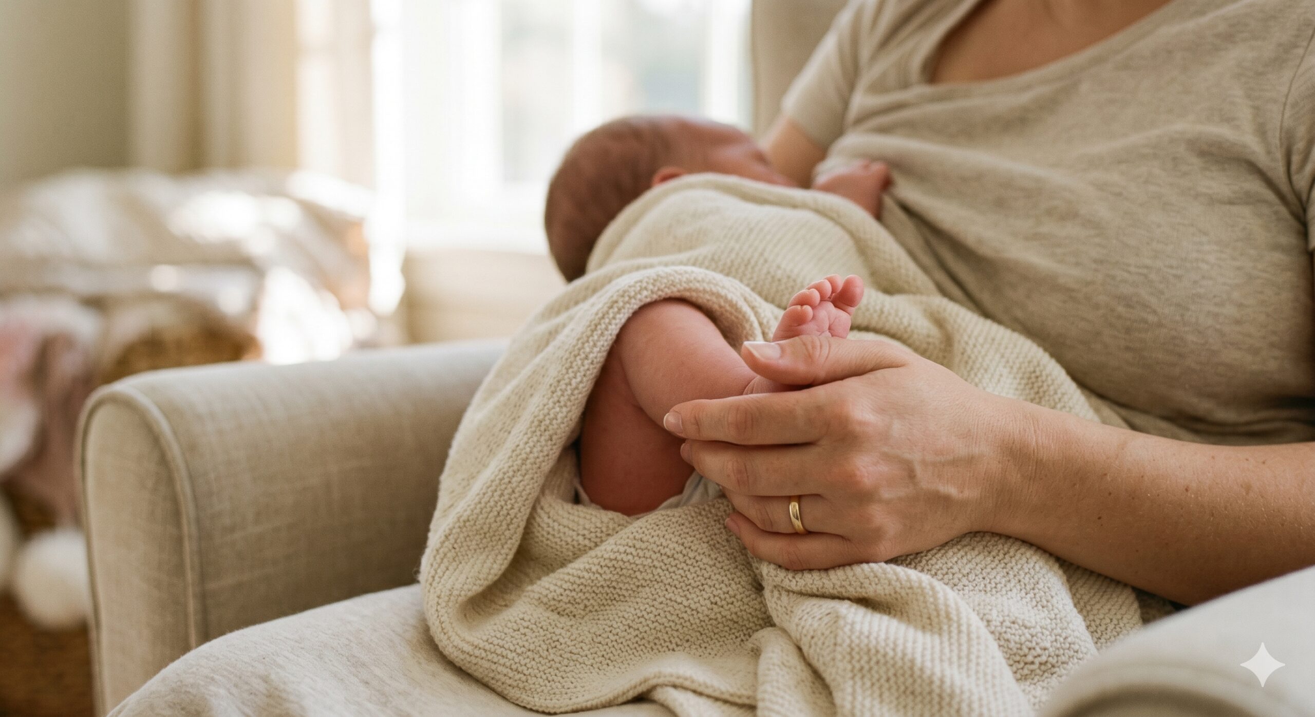 Mamá amamantando a un recién nacido junto a una ventana con luz cálida